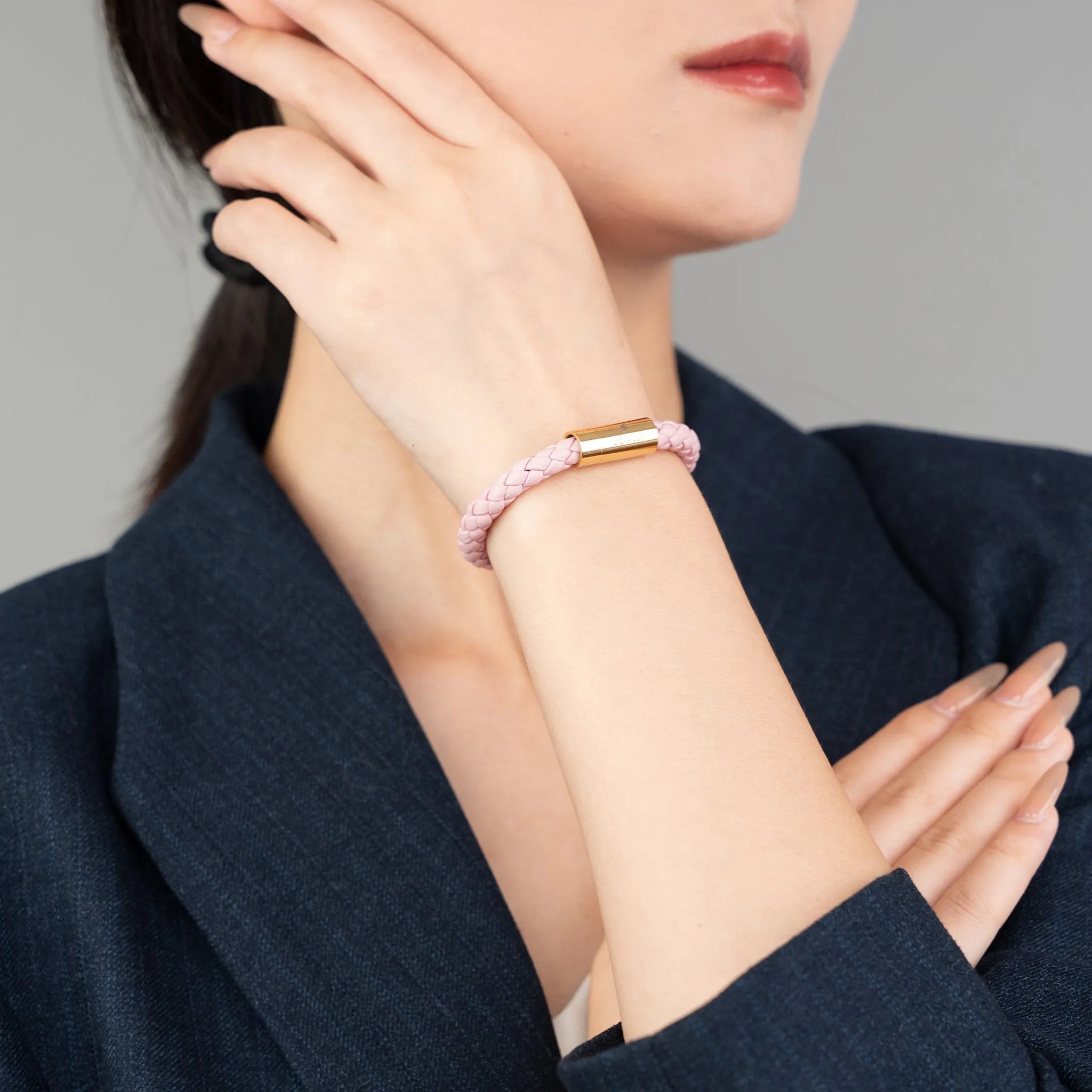 Braided Genuine Leather Pink Bracelet - Straight Tube Gold Magnetic Clasp - SENLLY