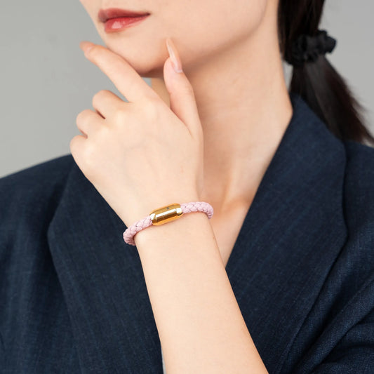 Braided Genuine Leather Pink Bracelet - Capsule Gold Magnetic Clasp - SENLLY