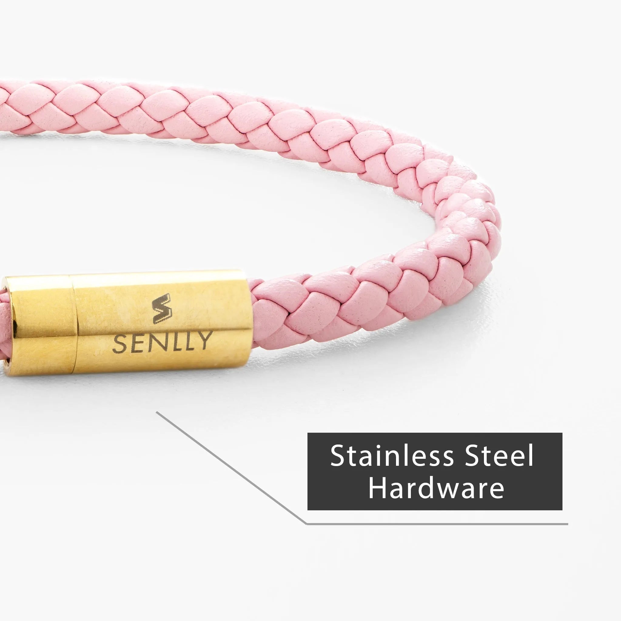 Braided Genuine Leather Pink Bracelet - Straight Tube Gold Magnetic Clasp - SENLLY