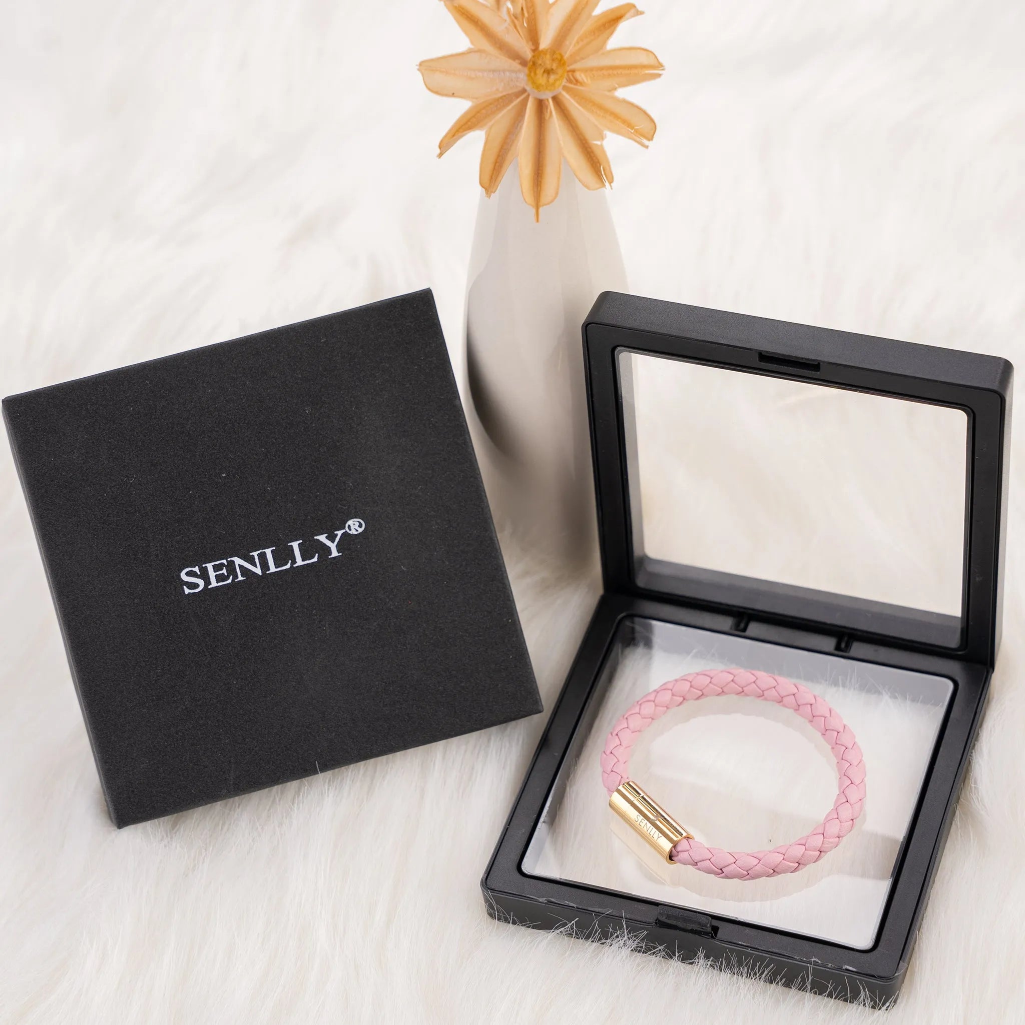 Braided Genuine Leather Pink Bracelet - Straight Tube Gold Magnetic Clasp - SENLLY