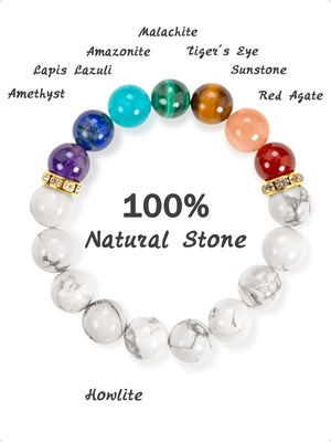 SENLLY 7 Chakra Beaded Stretch Bracelet with Howlite, Handmade Natural Stone Jewelry for Balance & Protection