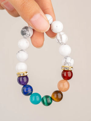 SENLLY 7 Chakra Beaded Stretch Bracelet with Howlite, Handmade Natural Stone Jewelry for Balance & Protection