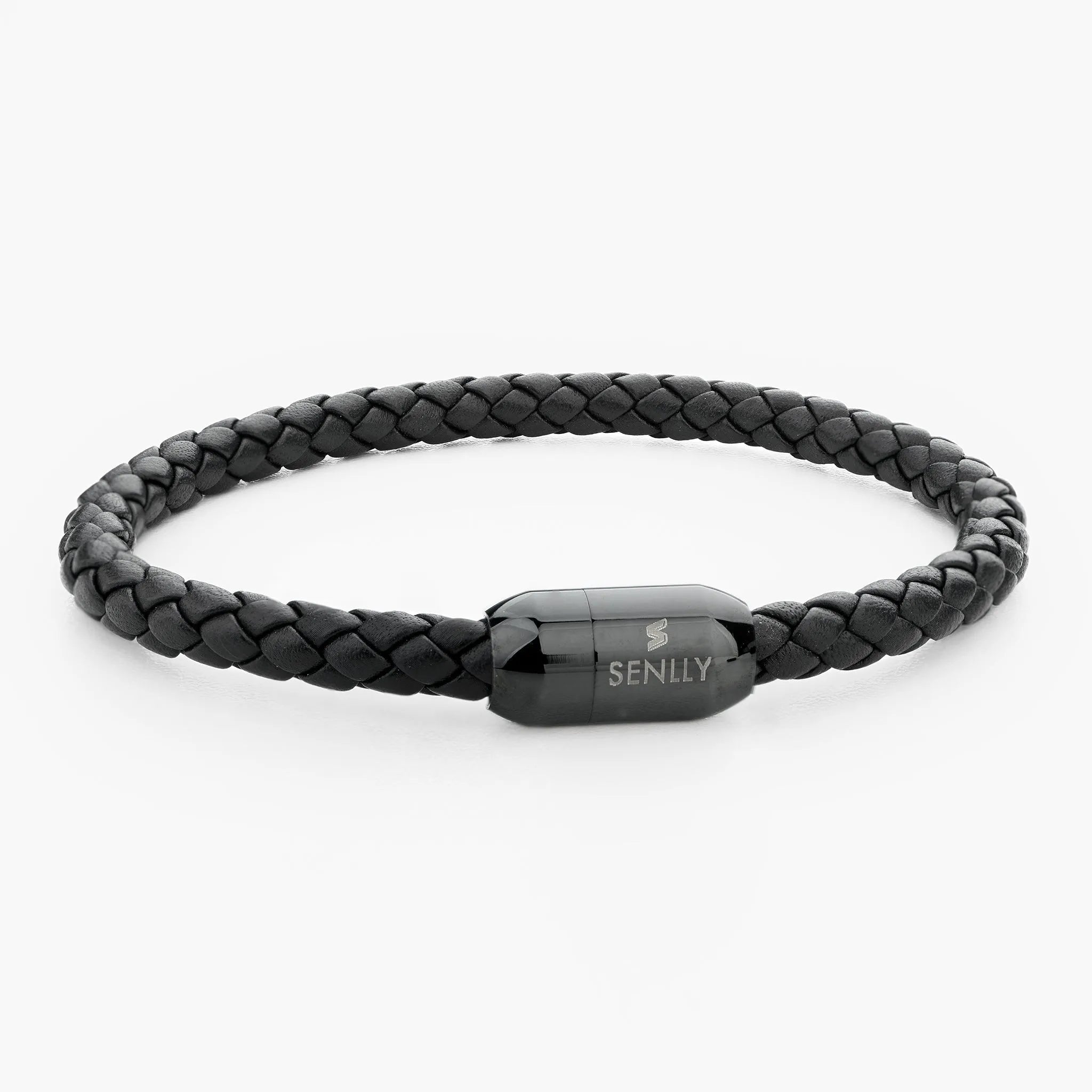 Braided Genuine Leather Black Bracelet - Capsule Black Magnetic Clasp - SENLLY