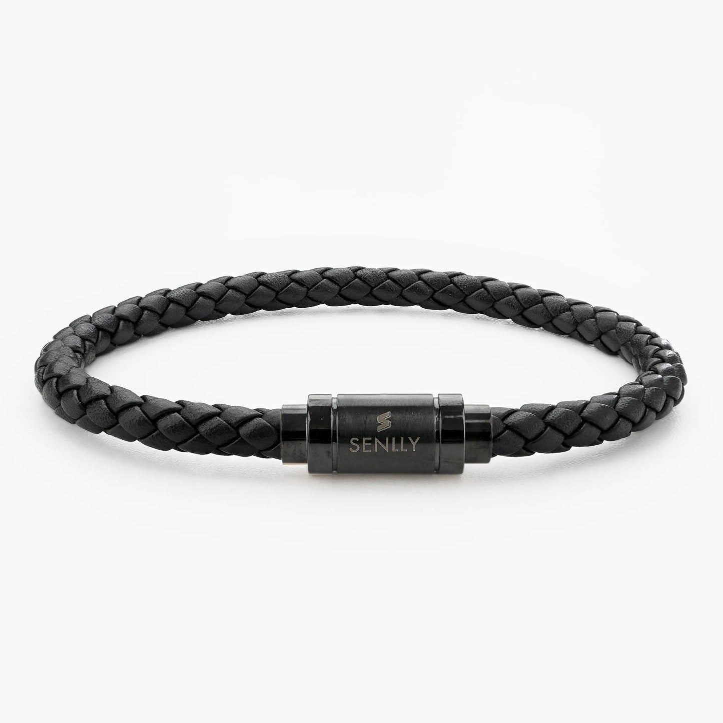 Braided Genuine Leather Black Bracelet - Straight Tube Black Magnetic Clasp - SENLLY