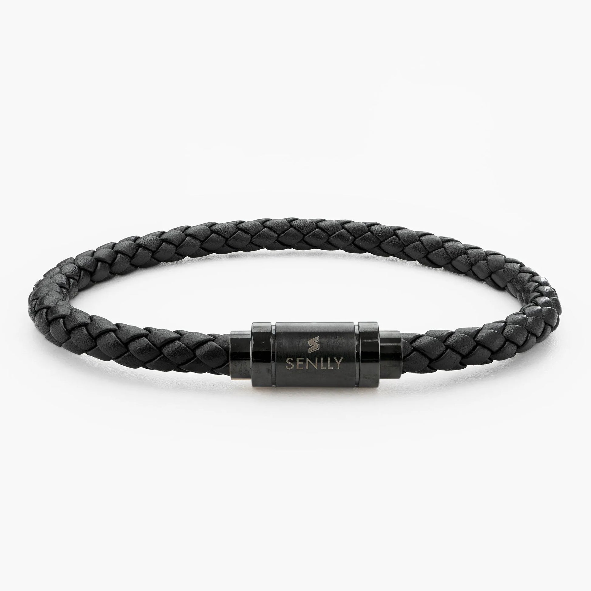 Braided Genuine Leather Black Bracelet - Straight Tube Black Magnetic Clasp - SENLLY