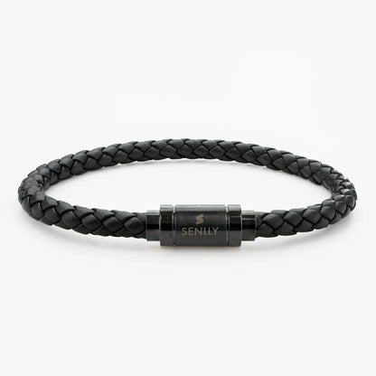 Braided Genuine Leather Black Bracelet - Straight Tube Black Magnetic Clasp - SENLLY