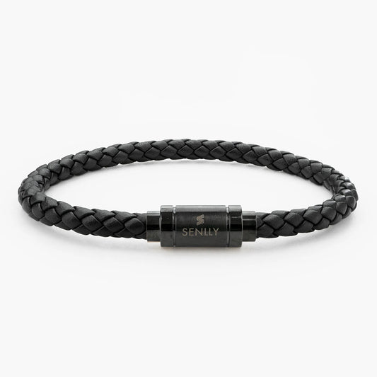 Braided Genuine Leather Black Bracelet - Straight Tube Black Magnetic Clasp - SENLLY