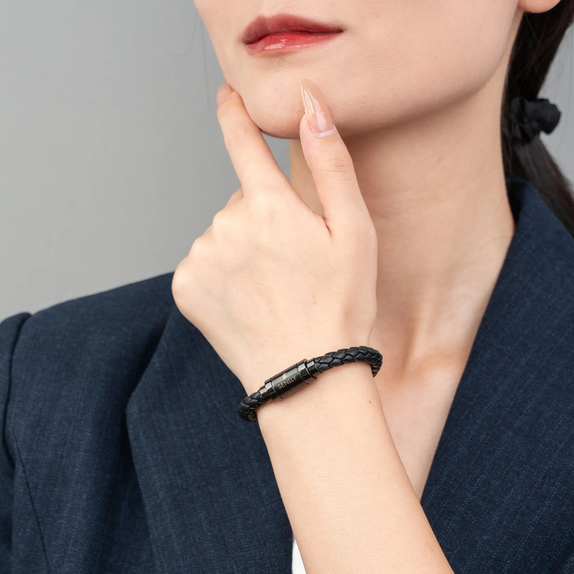 Braided Genuine Leather Black Bracelet - Straight Tube Black Magnetic Clasp - SENLLY