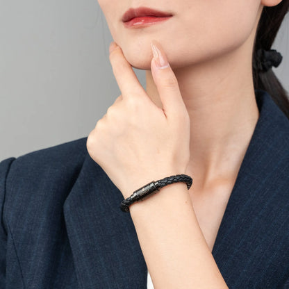 Braided Genuine Leather Black Bracelet - Straight Tube Black Magnetic Clasp - SENLLY