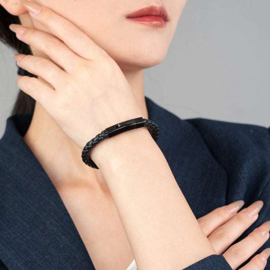 Braided Genuine Leather Black Bracelet - Hexagonal Arc Black Magnetic Clasp - SENLLY