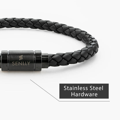 Braided Genuine Leather Black Bracelet - Straight Tube Black Magnetic Clasp - SENLLY