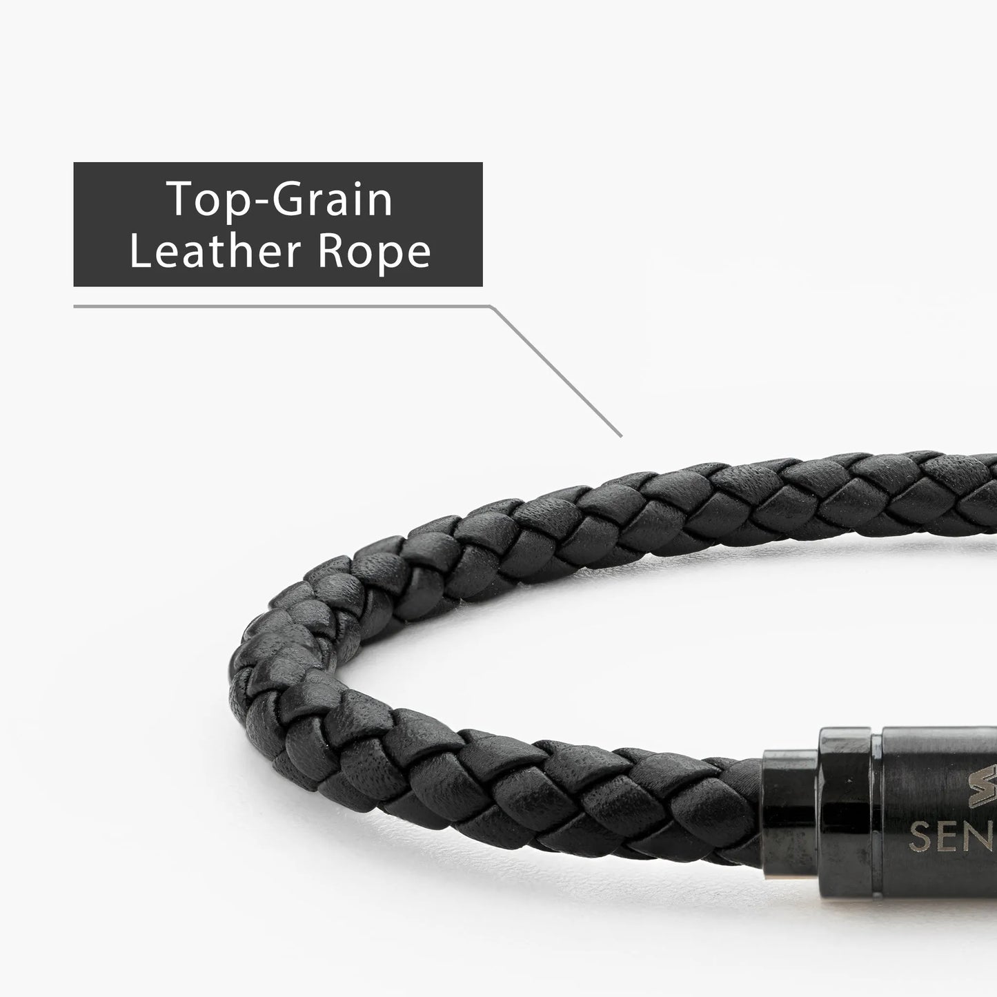 Braided Genuine Leather Black Bracelet - Straight Tube Black Magnetic Clasp - SENLLY
