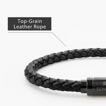 Braided Genuine Leather Black Bracelet - Straight Tube Black Magnetic Clasp - SENLLY