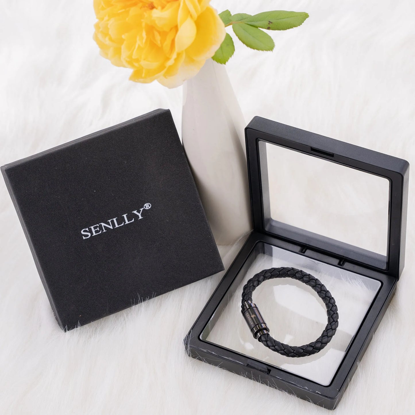 Braided Genuine Leather Black Bracelet - Straight Tube Black Magnetic Clasp - SENLLY