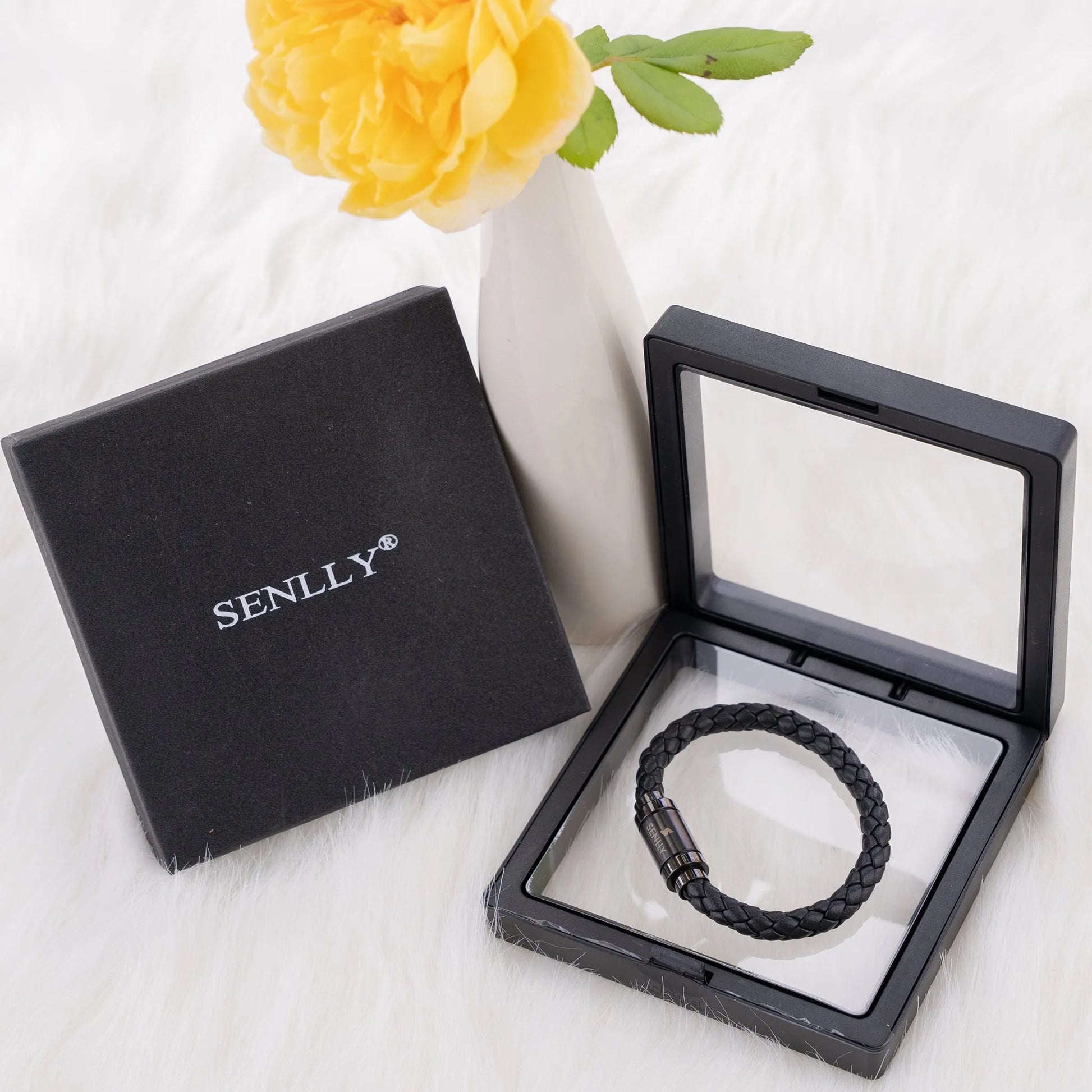 Braided Genuine Leather Black Bracelet - Straight Tube Black Magnetic Clasp - SENLLY