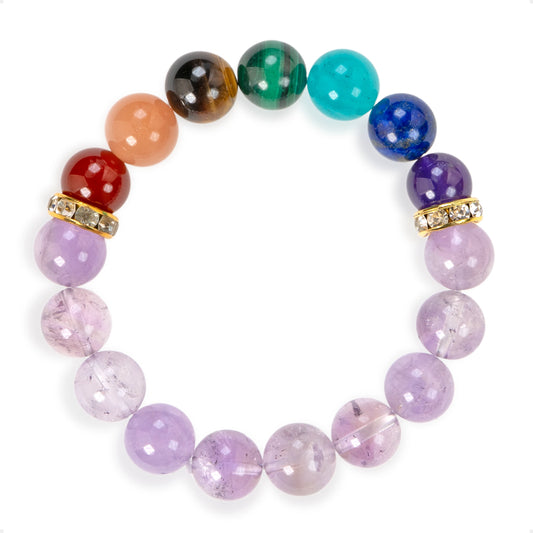 SENLLY 7 Chakra Beaded Stretch Bracelet with Lavender Amethyst, Handmade Natural Stone Jewelry for Balance & Protection