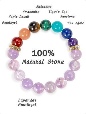 SENLLY 7 Chakra Beaded Stretch Bracelet with Lavender Amethyst, Handmade Natural Stone Jewelry for Balance & Protection
