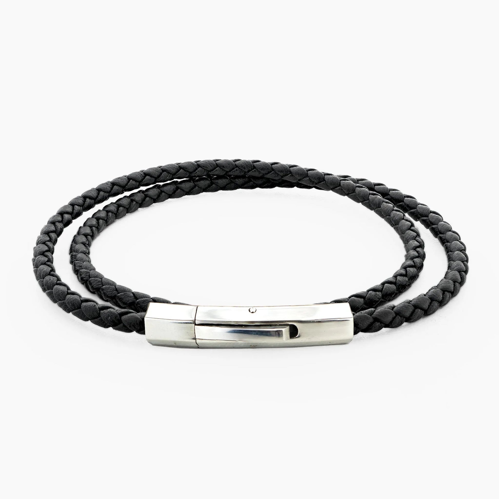 Braided Genuine Leather Black Bracelet - Hexagonal Arc Silver Snap Button - SENLLY