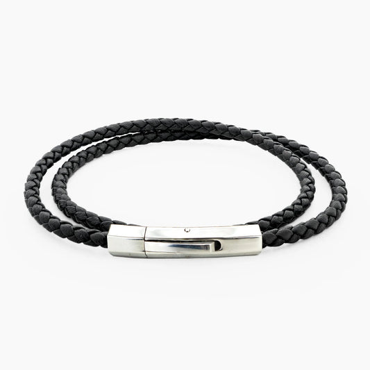 Braided Genuine Leather Black Bracelet - Hexagonal Arc Silver Snap Button - SENLLY