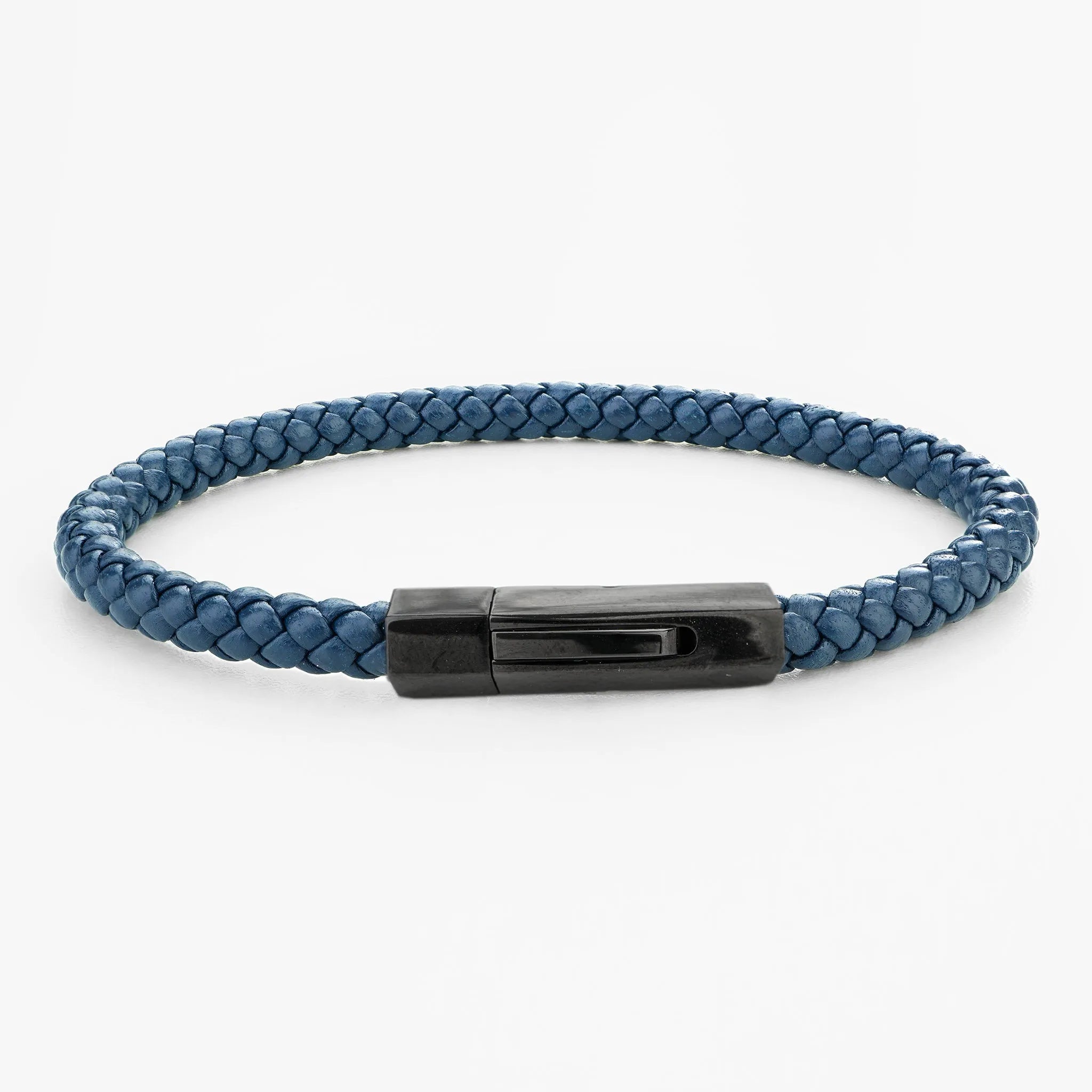 Braided Genuine Leather Blue Bracelet - Hexagonal Arc Black Magnetic Clasp - SENLLY