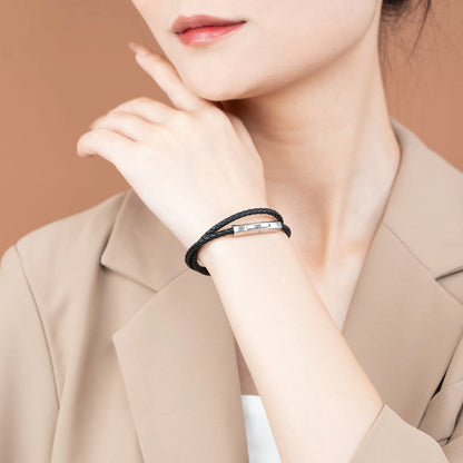 Braided Genuine Leather Black Bracelet - Hexagonal Arc Silver Snap Button - SENLLY