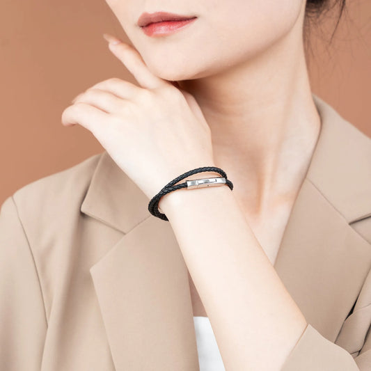 Braided Genuine Leather Black Bracelet - Hexagonal Arc Silver Snap Button - SENLLY