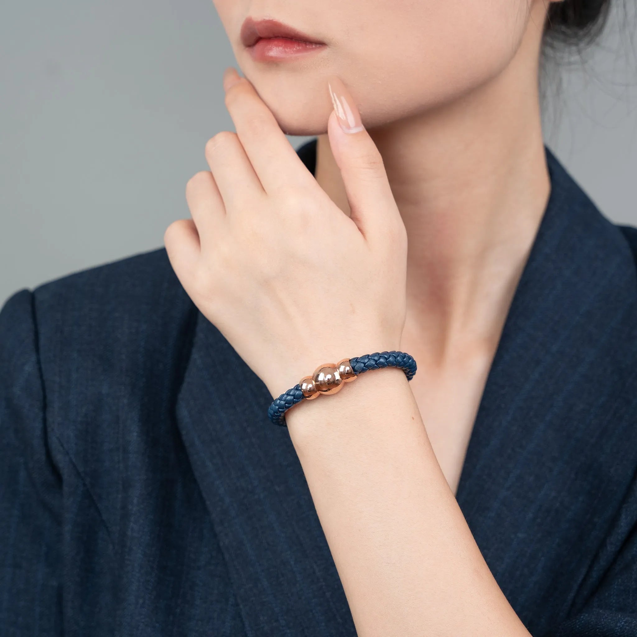 Braided Genuine Leather Blue Bracelet - Gourd Gold Magnetic Clasp - SENLLY