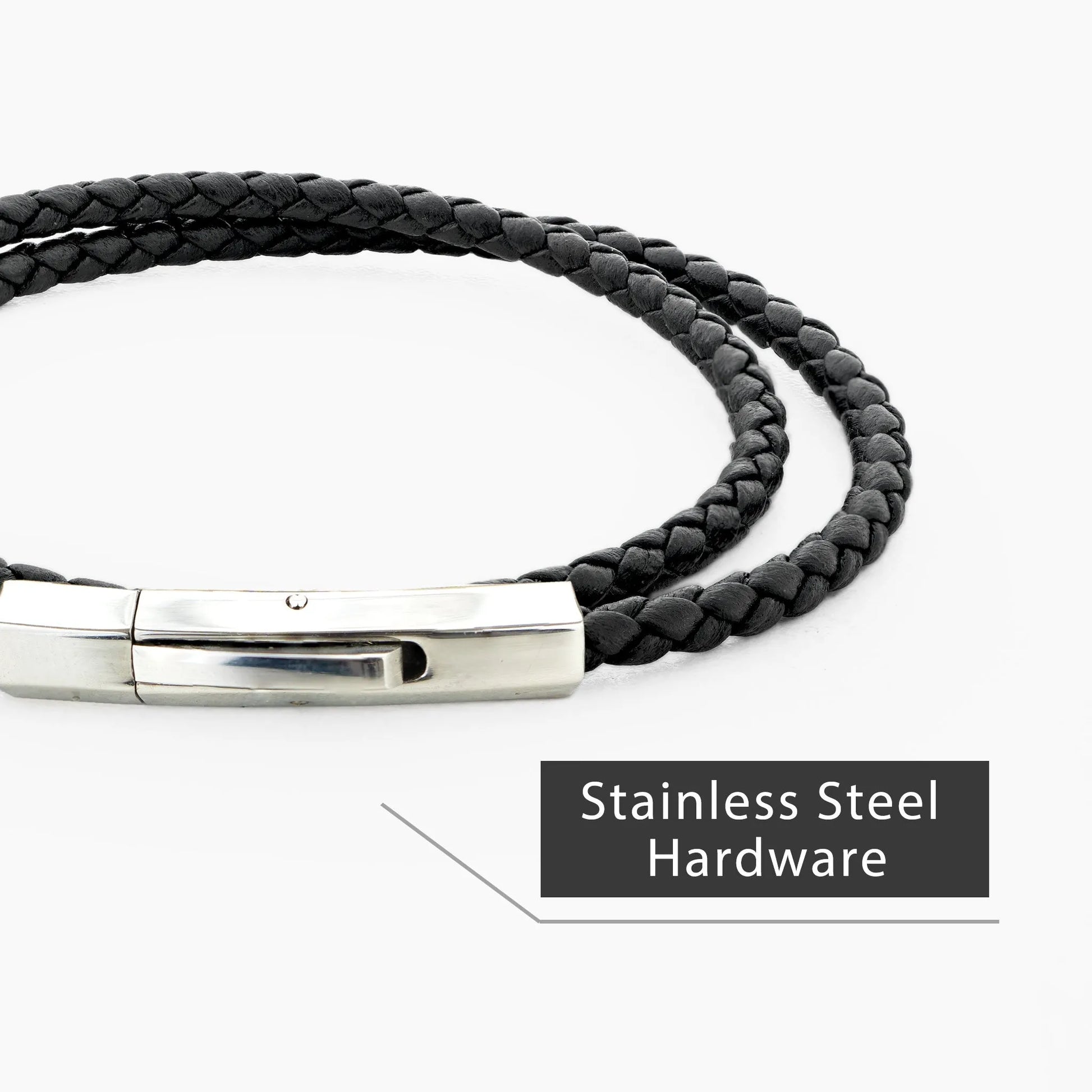 Braided Genuine Leather Black Bracelet - Hexagonal Arc Silver Snap Button - SENLLY