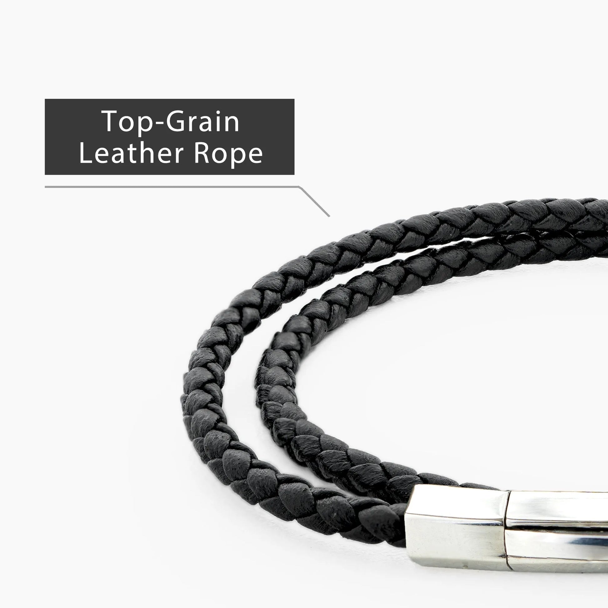 Braided Genuine Leather Black Bracelet - Hexagonal Arc Silver Snap Button - SENLLY