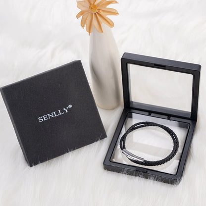Braided Genuine Leather Black Bracelet - Hexagonal Arc Silver Snap Button - SENLLY