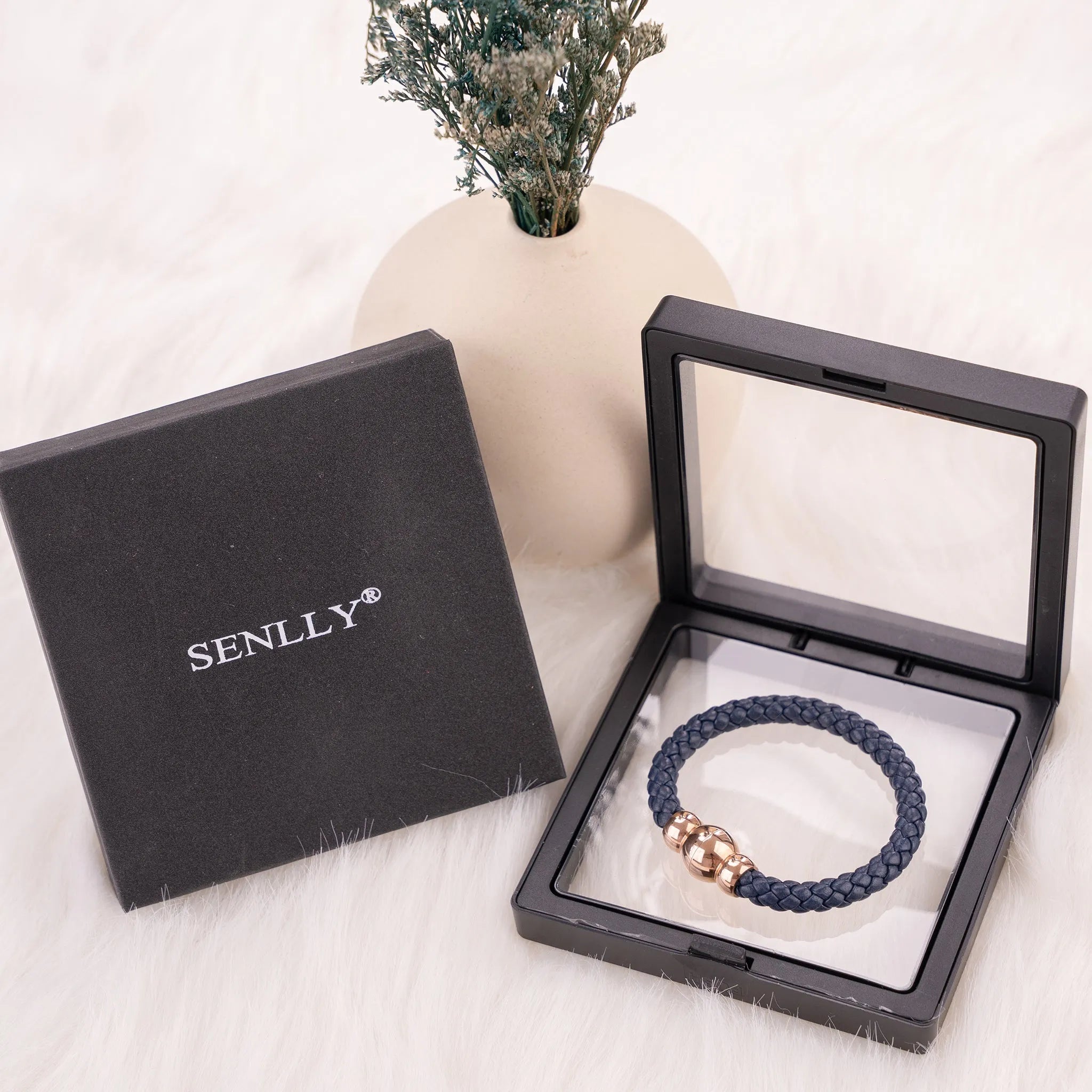 Braided Genuine Leather Blue Bracelet - Gourd Gold Magnetic Clasp - SENLLY