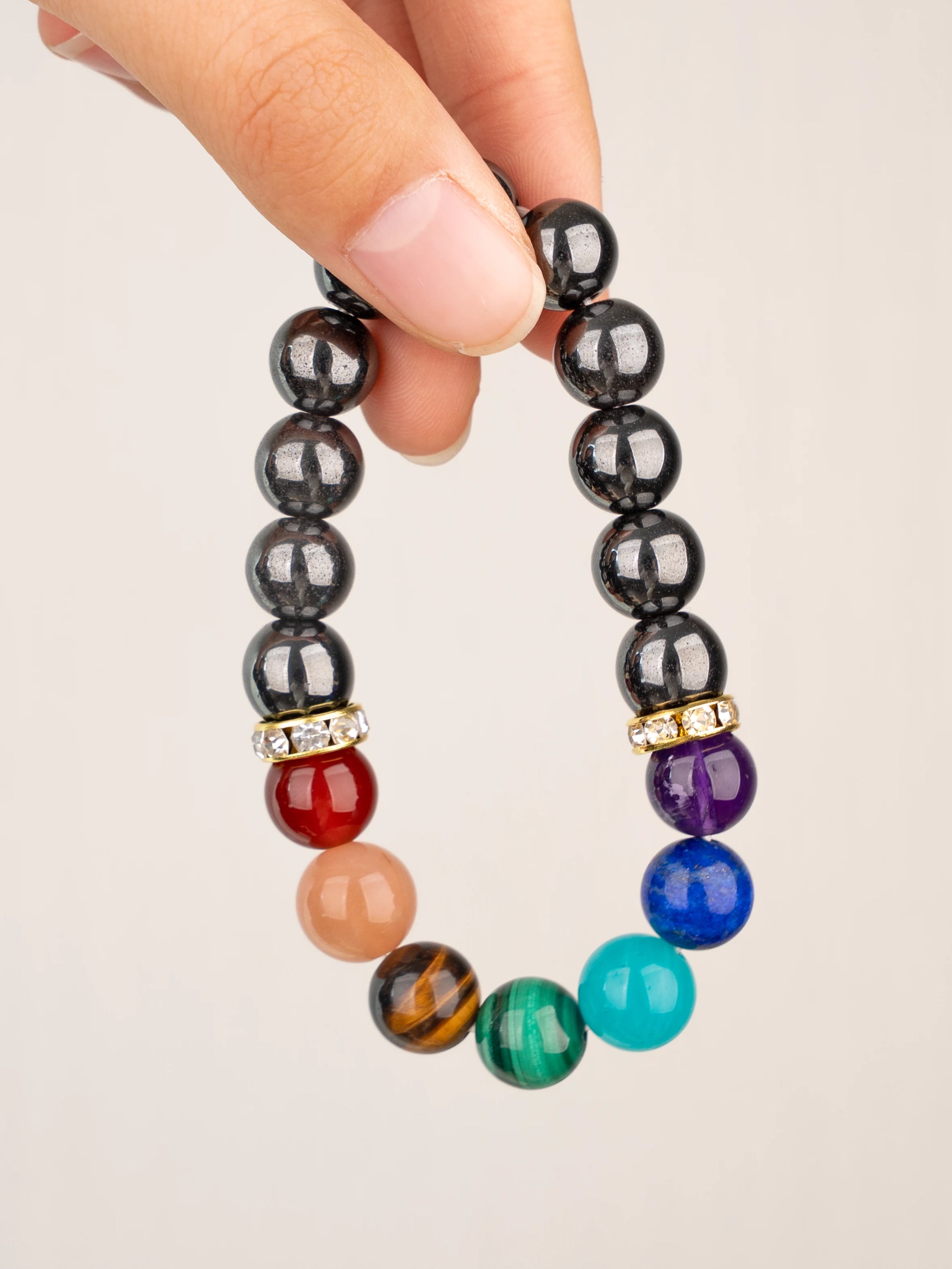 SENLLY 7 Chakra Beaded Stretch Bracelet with Natural Hematite, Handmade Natural Stone Jewelry for Balance & Protection