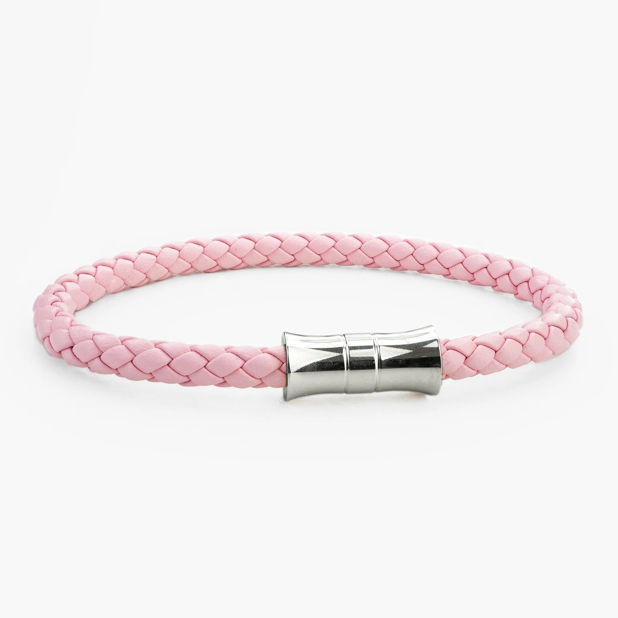 Braided Genuine Leather Pink Bracelet - Bamboo Shaped Silver Magnetic Clasp - SENLLY