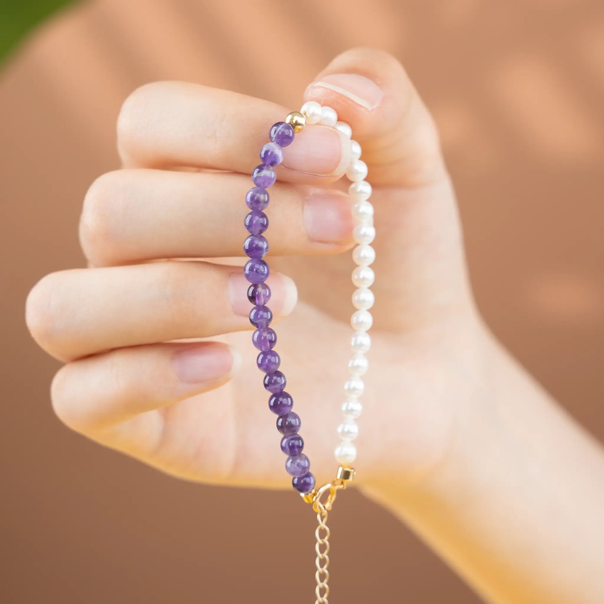 Dual Essence Gemstone Beaded Bracelet - Ice Cracked Amethyst & Pearl