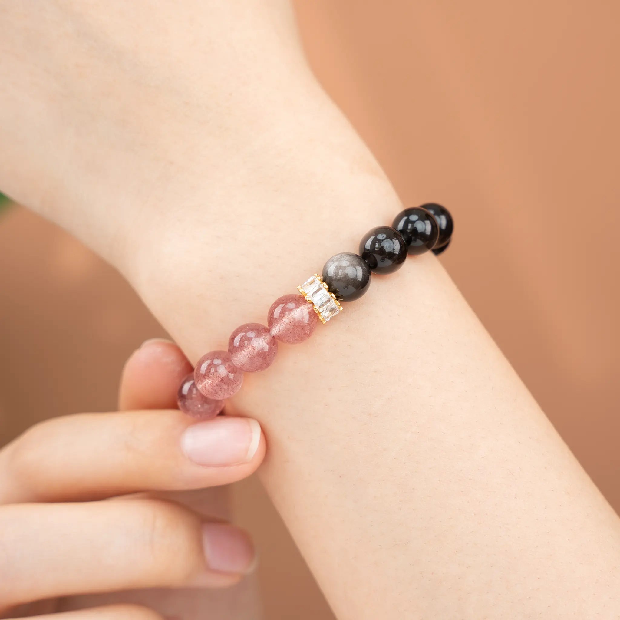 Double Protection Gemstone Beaded Bracelet - Strawberry Quartz & Silver Obsidian