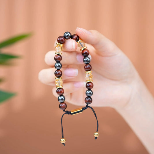 Triple Protection Gemstone Beaded Bracelet - Red Tiger's Eye & Citrine & Hematite - SENLLY