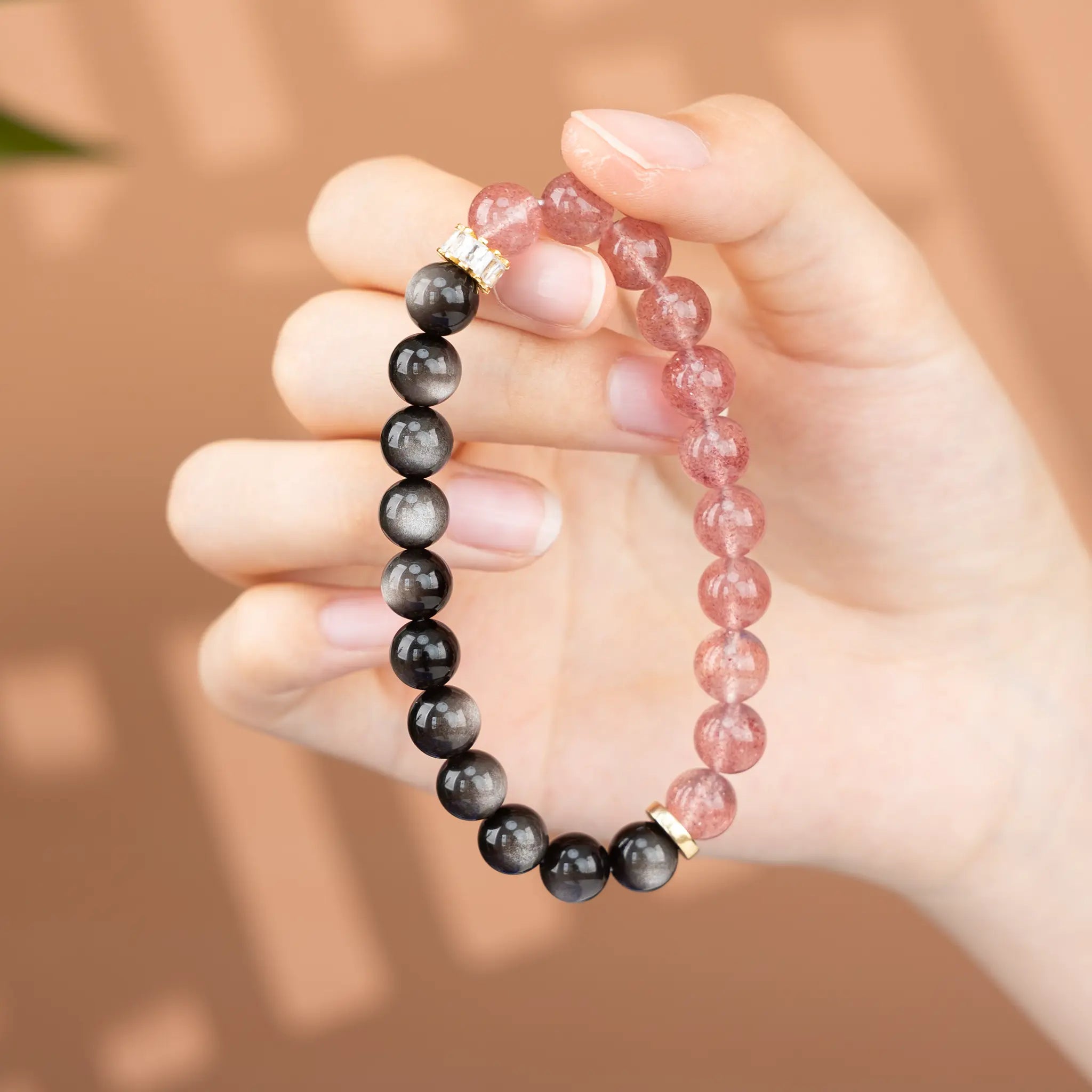 Double Protection Gemstone Beaded Bracelet - Strawberry Quartz & Silver Obsidian