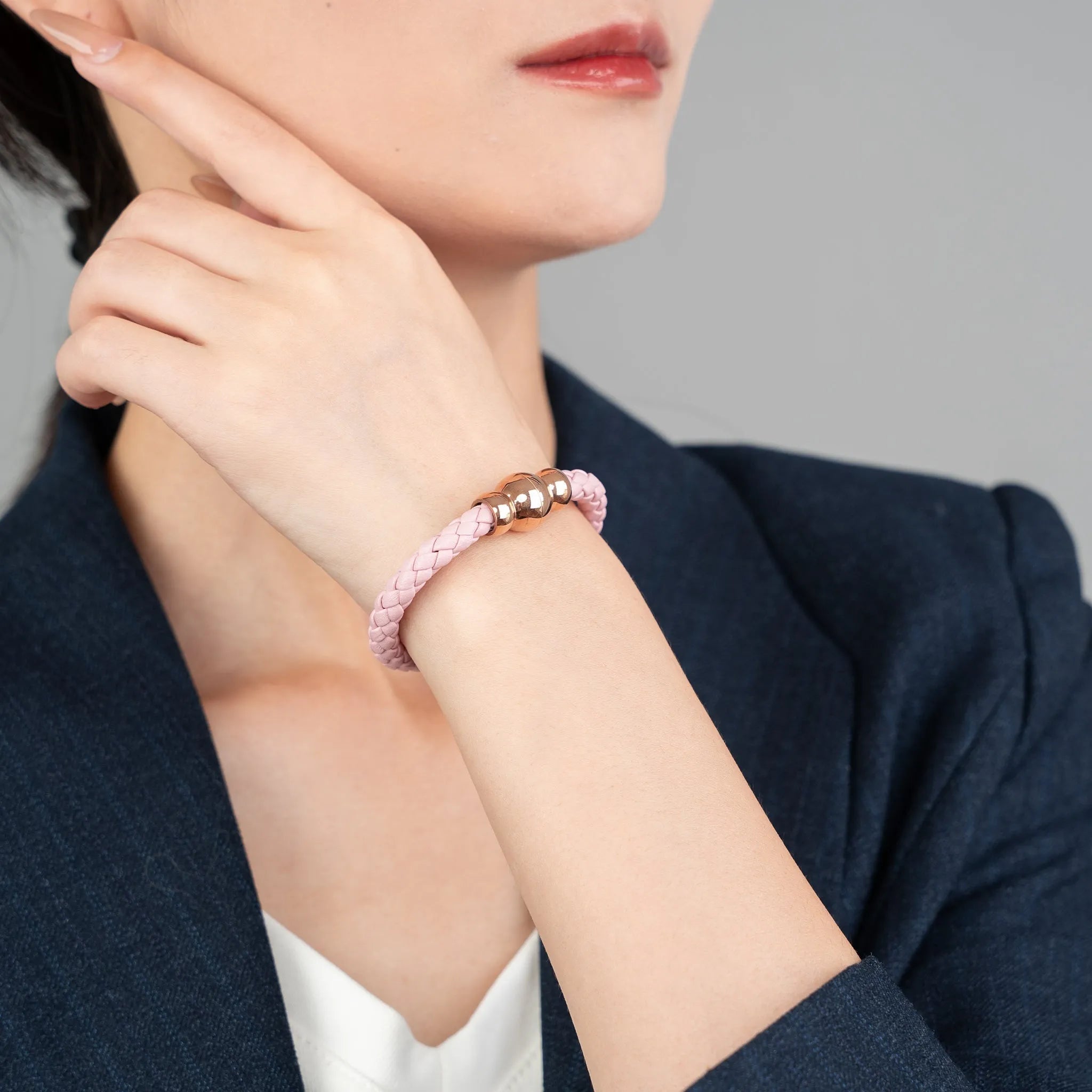 Braided Genuine Leather Pink Bracelet - Gourd Gold Magnetic Clasp - SENLLY