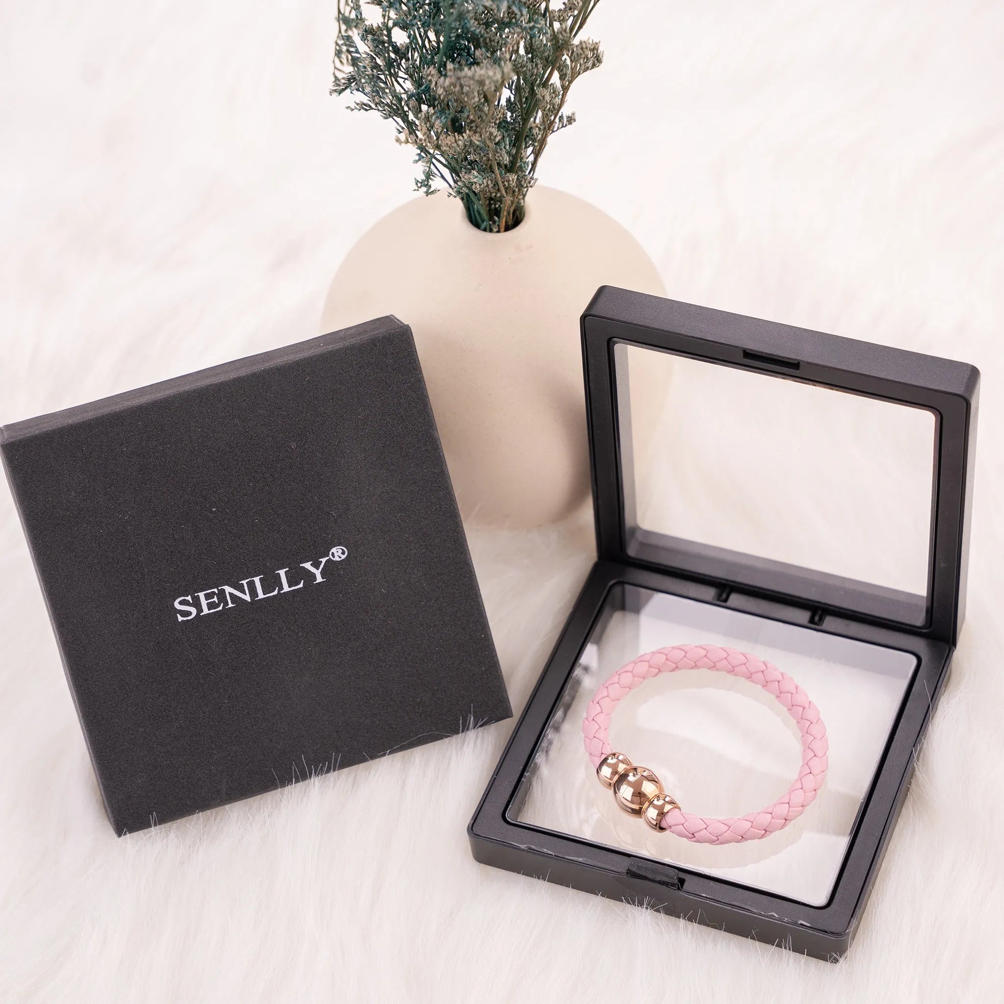Braided Genuine Leather Pink Bracelet - Gourd Gold Magnetic Clasp - SENLLY