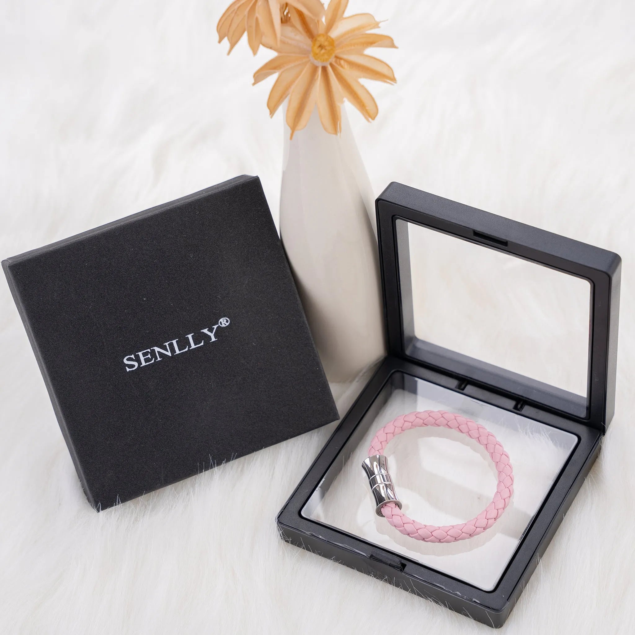 Braided Genuine Leather Pink Bracelet - Bamboo Shaped Silver Magnetic Clasp - SENLLY