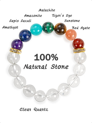 SENLLY 7 Chakra Beaded Stretch Bracelet with Clear Quartz, Handmade Natural Stone Jewelry for Balance & Protection