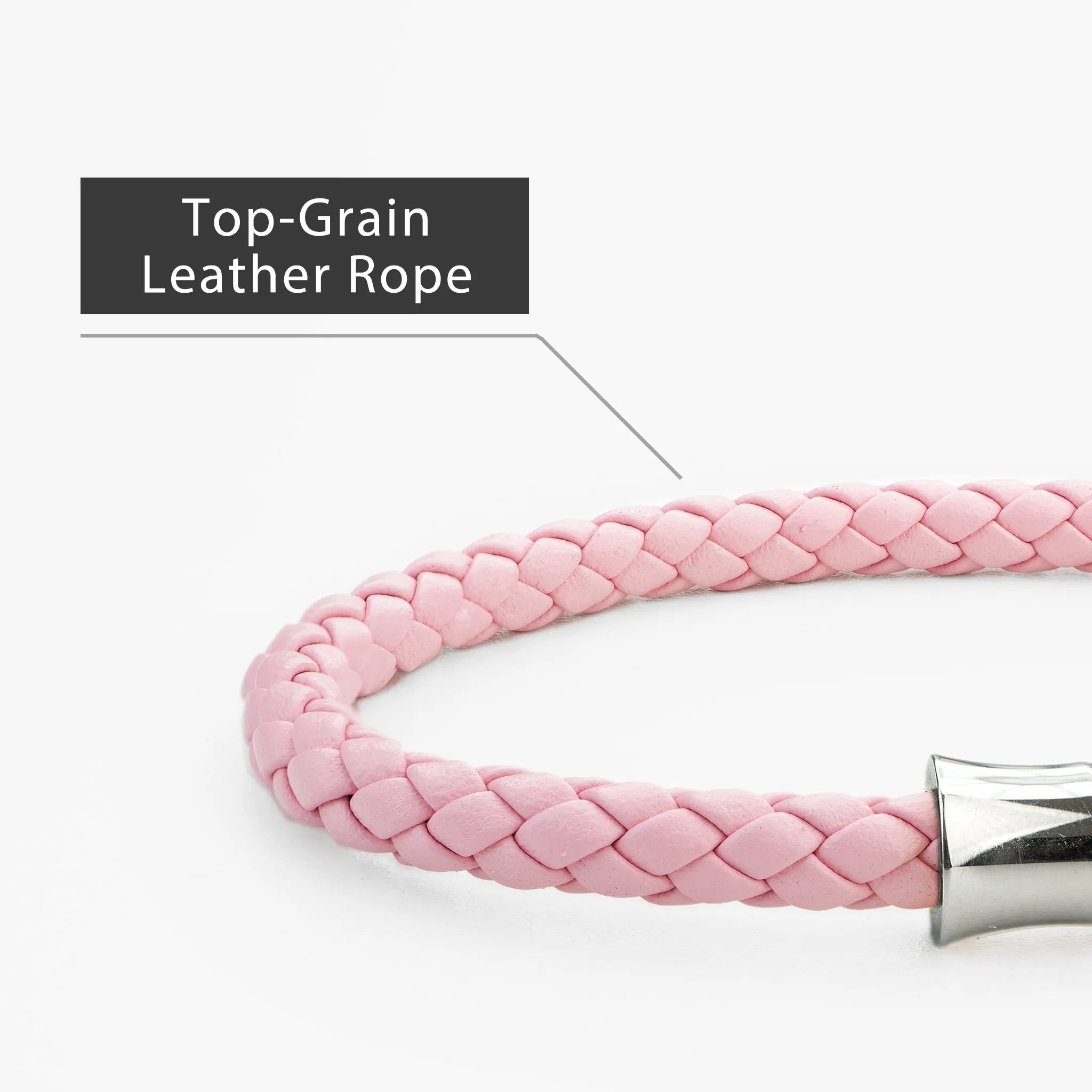 Braided Genuine Leather Pink Bracelet - Bamboo Shaped Silver Magnetic Clasp - SENLLY