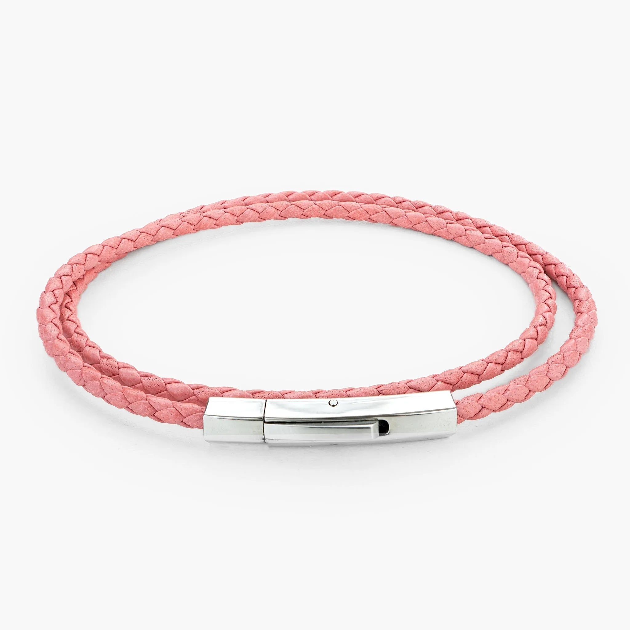 Braided Genuine Leather Pink Bracelet - Hexagonal Arc Silver Snap Button - SENLLY