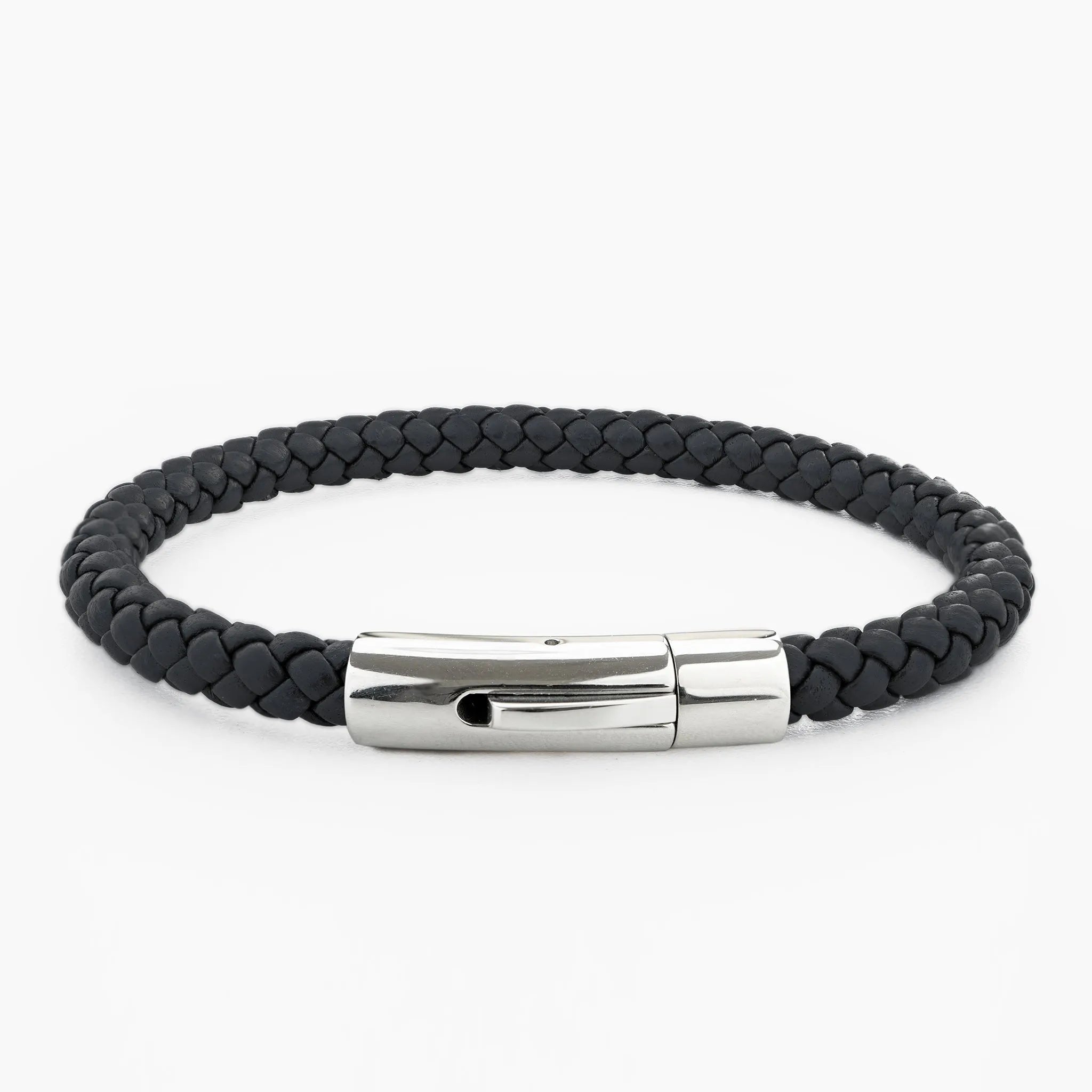 Braided Genuine Leather Black Bracelet - Curved Button Silver Magnetic Clasp - SENLLY