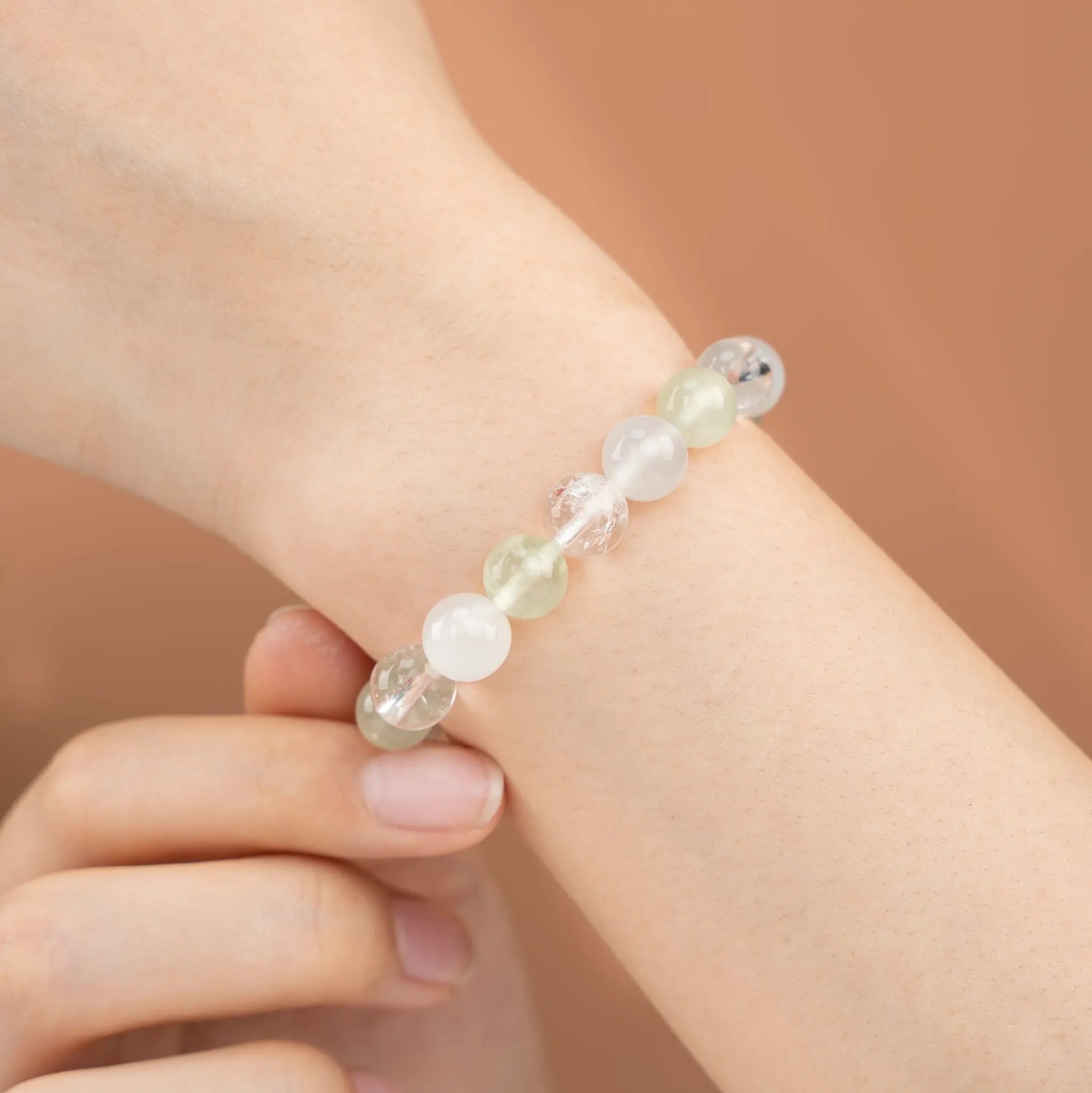 Triple Protection Gemstone Beaded Bracele - Prehnite & Azeztulite & MoonStone