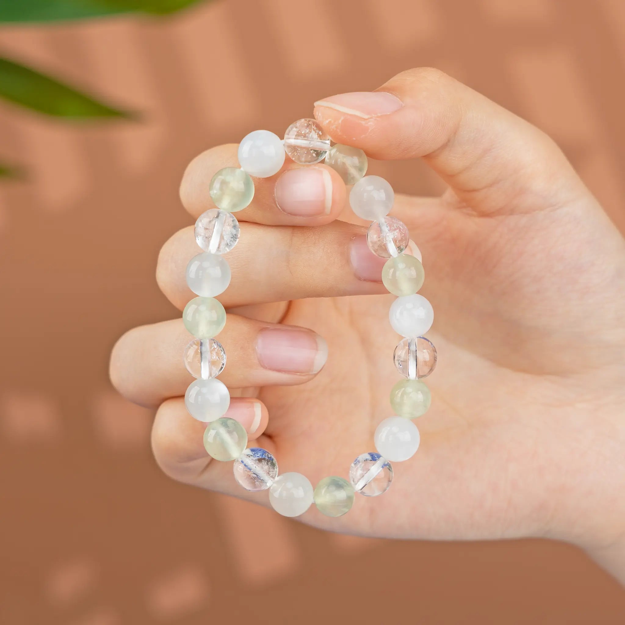 Triple Protection Gemstone Beaded Bracele - Prehnite & Azeztulite & MoonStone