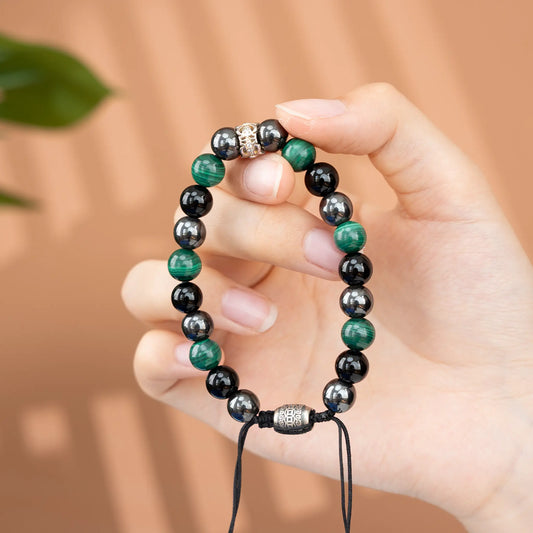 Triple Protection Gemstone Beaded Bracelet - Malachite & Hematite & Black Agate