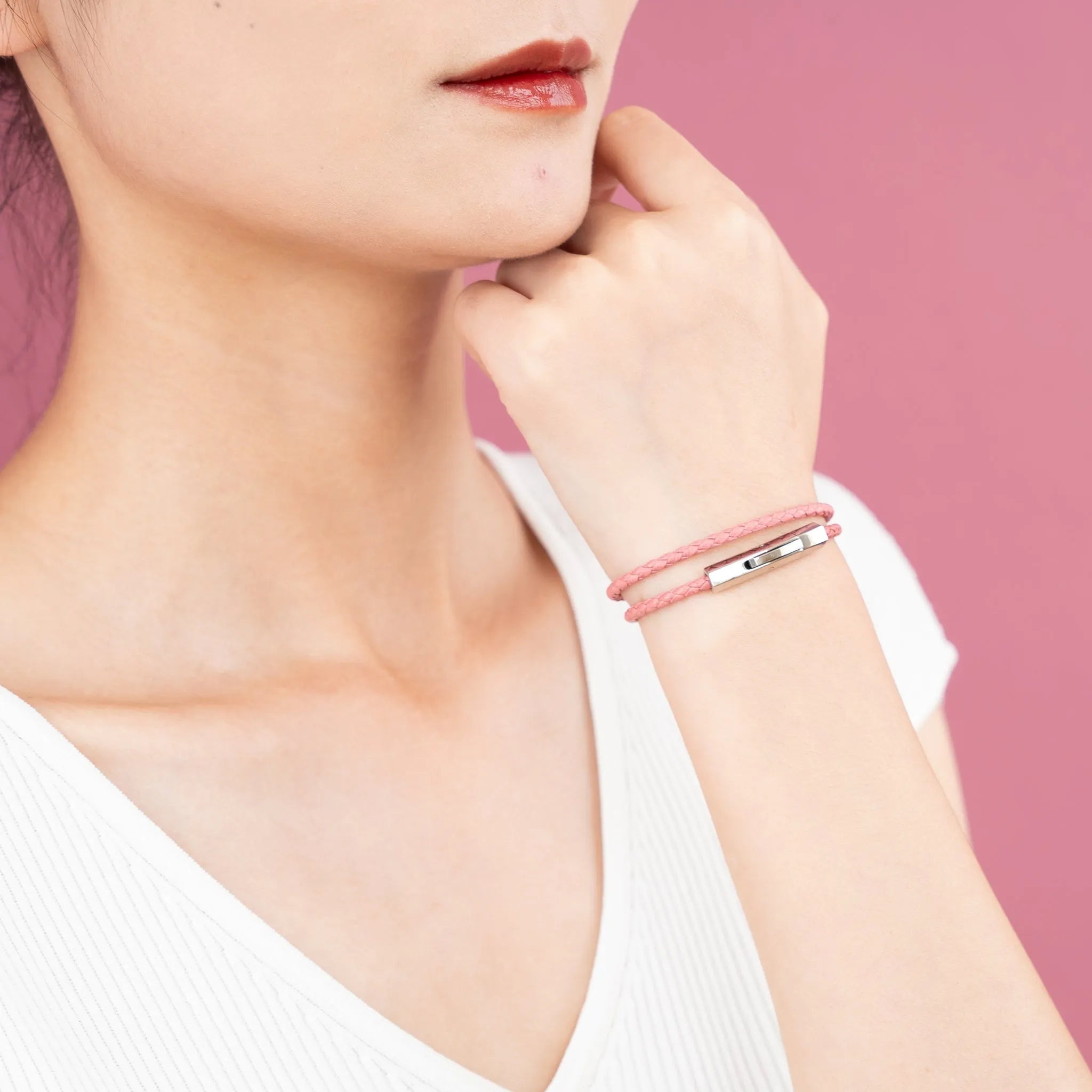 Braided Genuine Leather Pink Bracelet - Hexagonal Arc Silver Snap Button - SENLLY