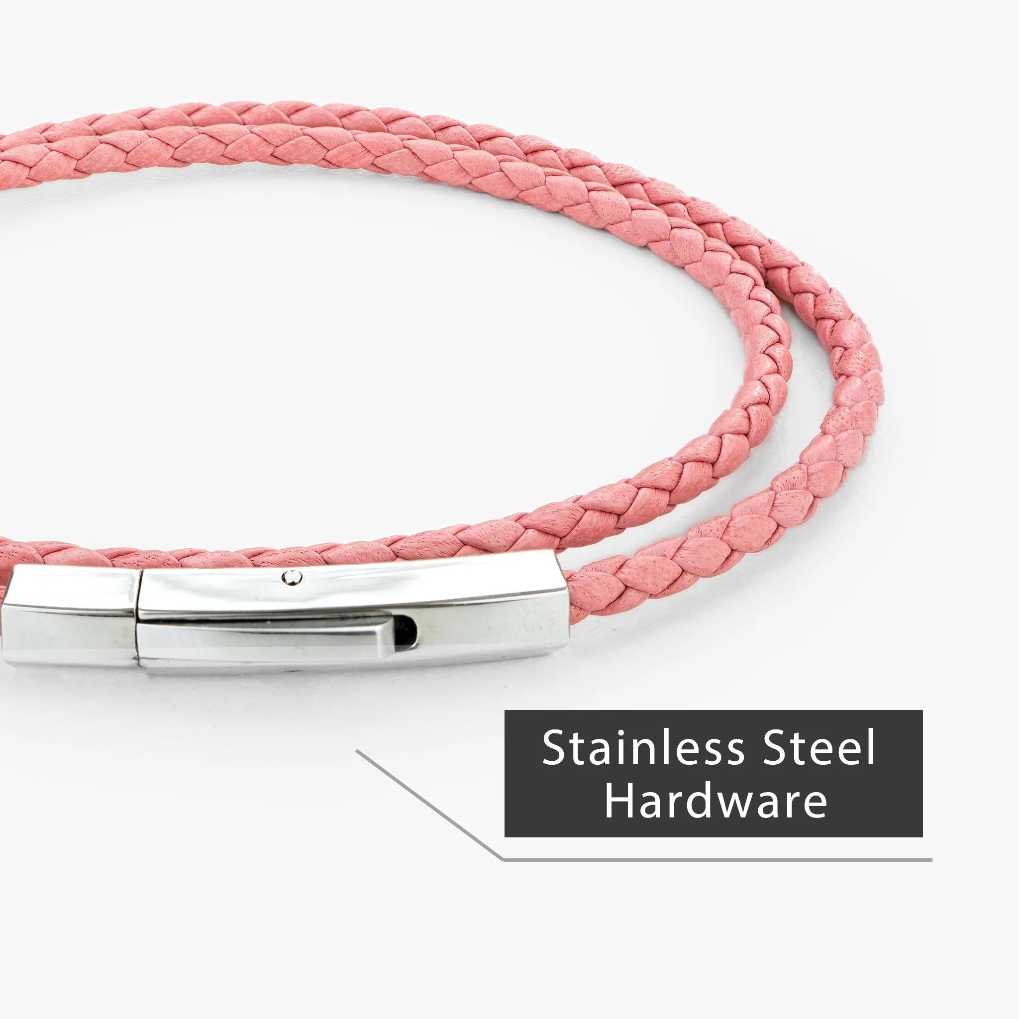 Braided Genuine Leather Pink Bracelet - Hexagonal Arc Silver Snap Button - SENLLY