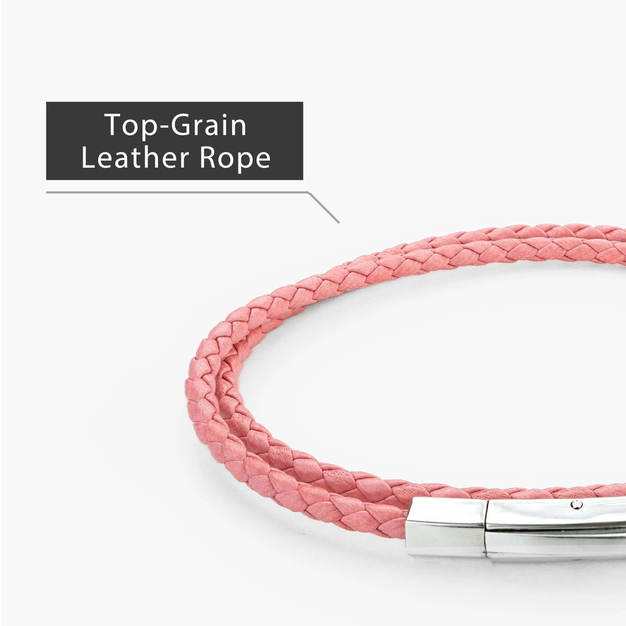 Braided Genuine Leather Pink Bracelet - Hexagonal Arc Silver Snap Button - SENLLY